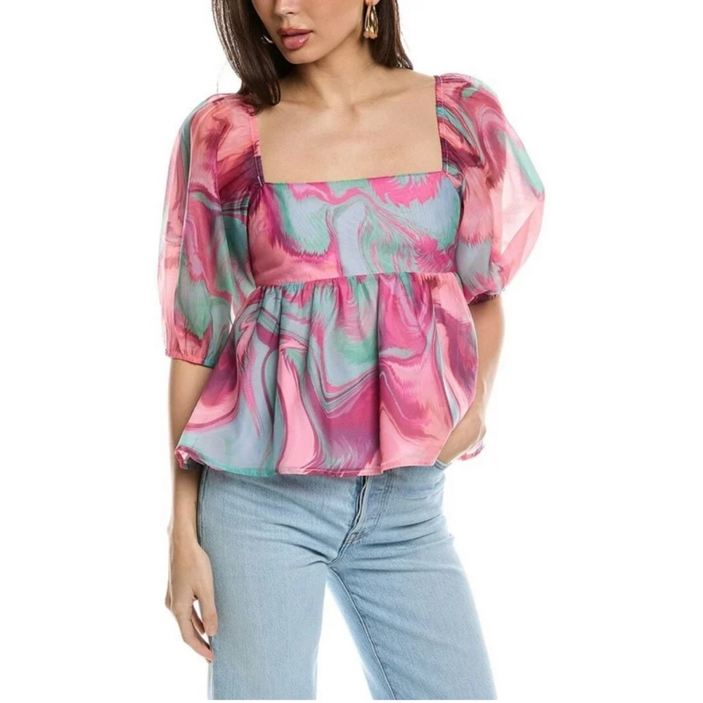 Amanda Uprichard Pink And Red Asymmetrical Ruffled Blouse